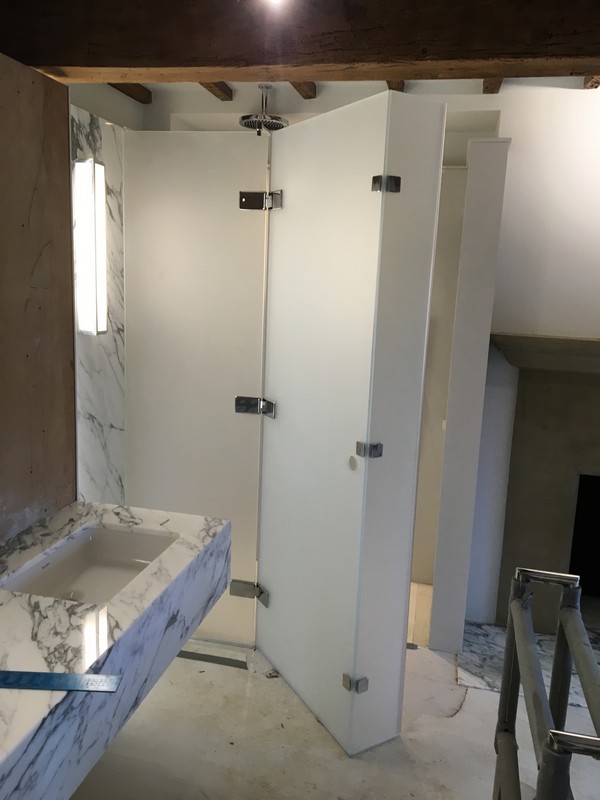Bespoke frosted glass shower enclosure in Soho luxury bathroom